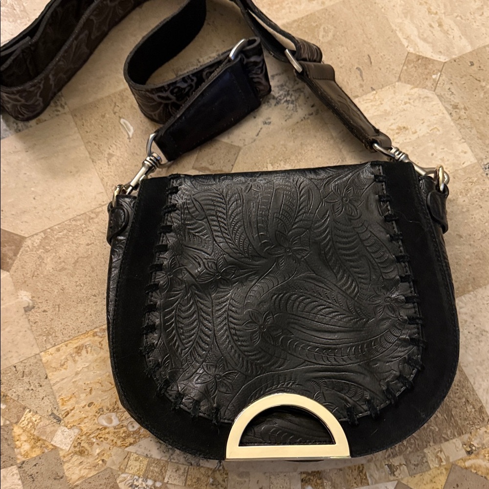 INC International Concepts Black Embossed Crossbody Bag with Gold Accent